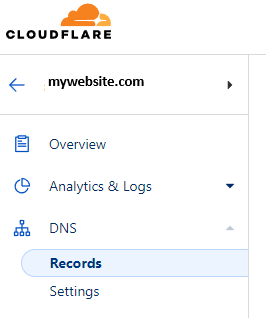 Cloudflare dashboard sidebar with the DNS records section highlighted