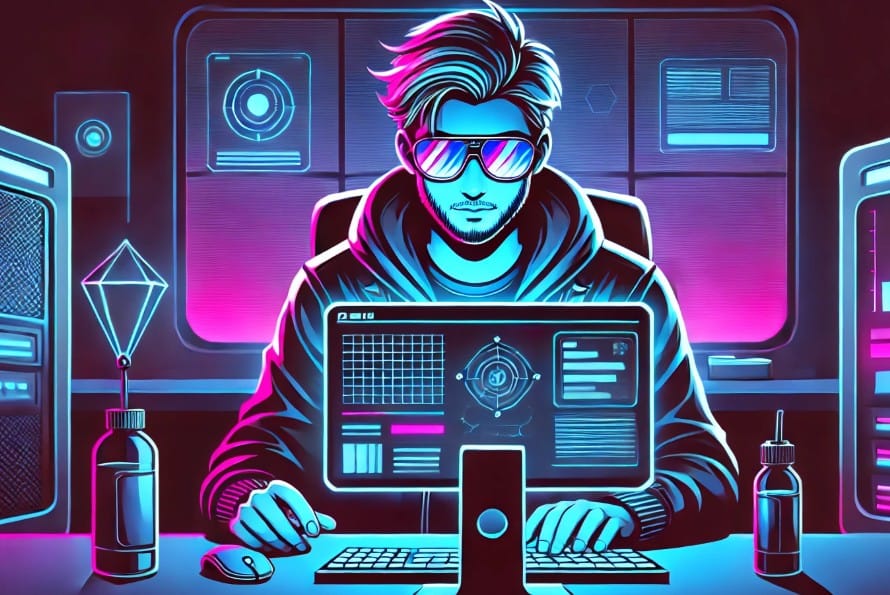 Neon-lit illustration of a developer using GitHub Copilot with Claude in VS Code
