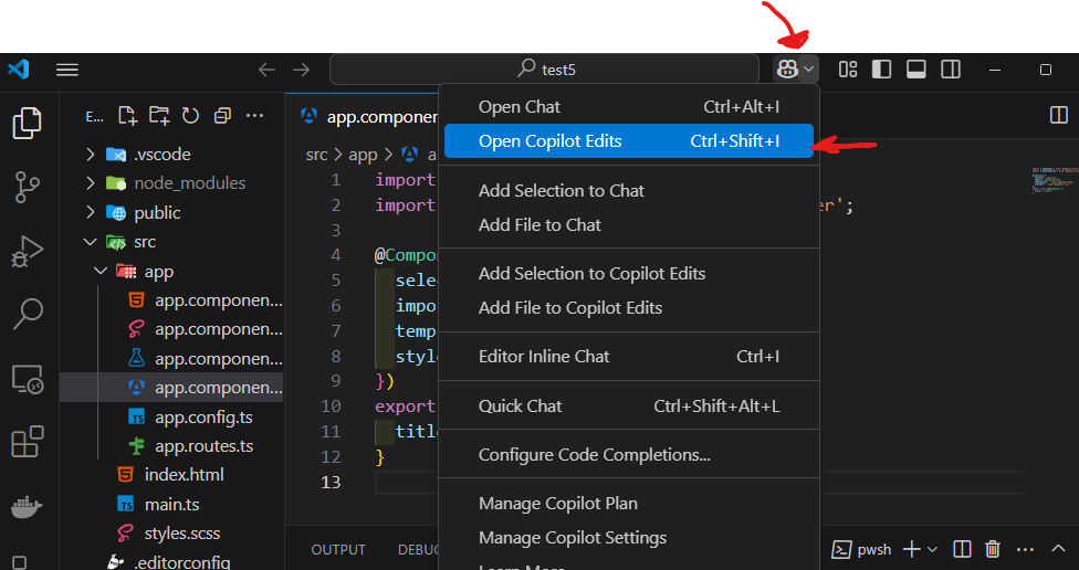 VS Code with the GitHub Copilot icon in the sidebar and the Copilot Edits panel open