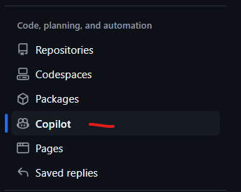 GitHub user settings sidebar with the Copilot section selected