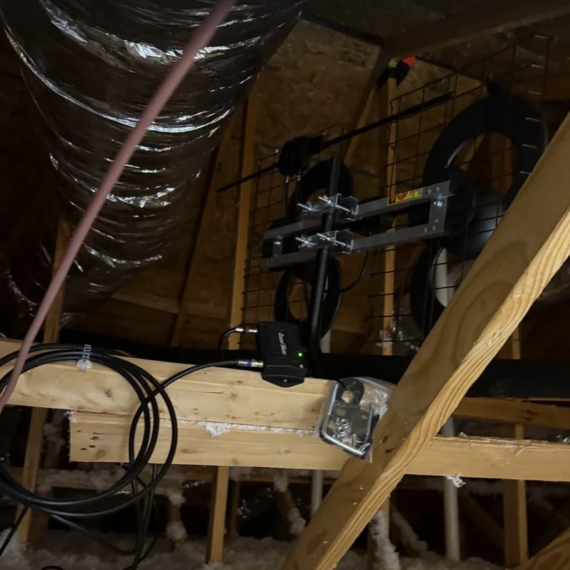 TV antenna mounted in an attic with a clear line toward the broadcast towers