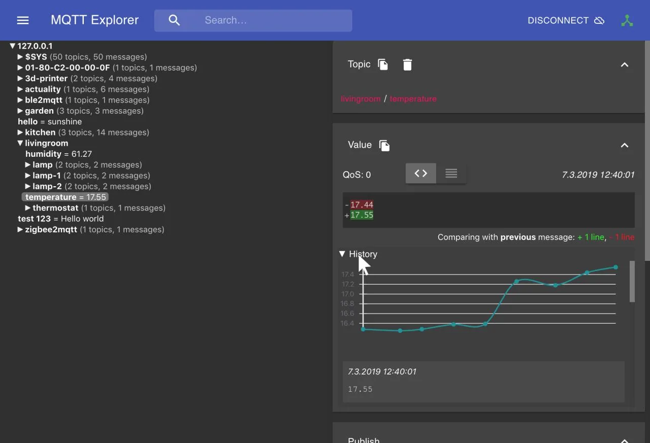 MQTT Explorer connected to the K3s Mosquitto broker, showing the topic tree and message details