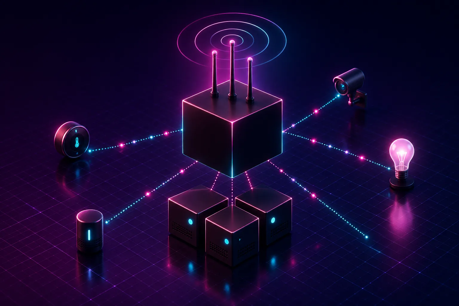 Synthwave-styled isometric render of an MQTT broker cube hub linked to a k3s cluster and IoT devices over a glowing magenta and cyan grid