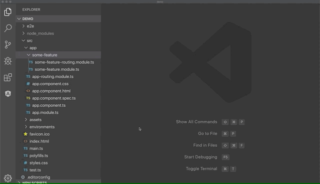 Animated demo of generating an Angular component via the Angular Schematics right-click menu