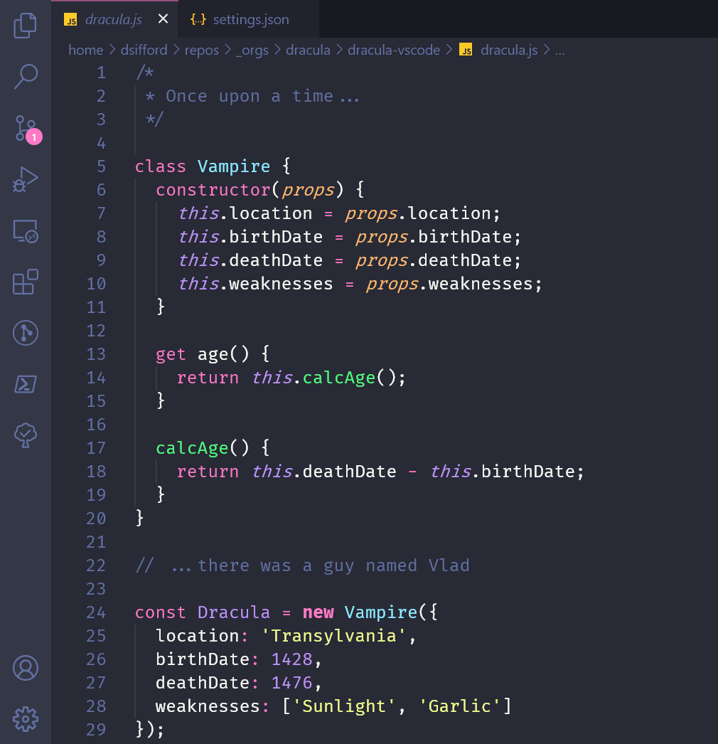 VS Code editor using the dark Dracula color theme