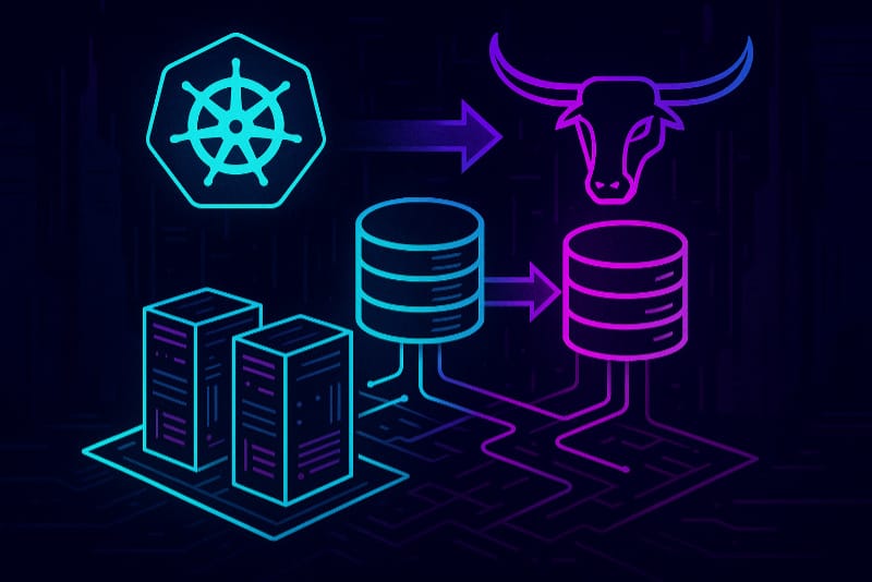 Neon isometric render of replicated storage volumes across a k3s cluster, representing Longhorn distributed storage