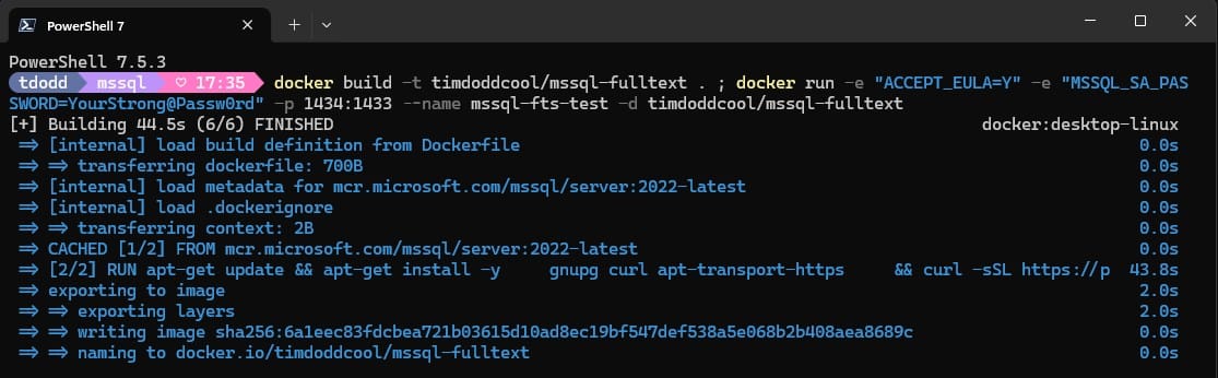 Terminal output showing the docker build command completing the SQL Server image
