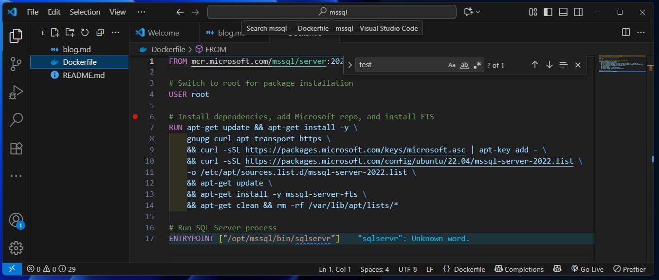 The custom SQL Server Dockerfile open in VS Code