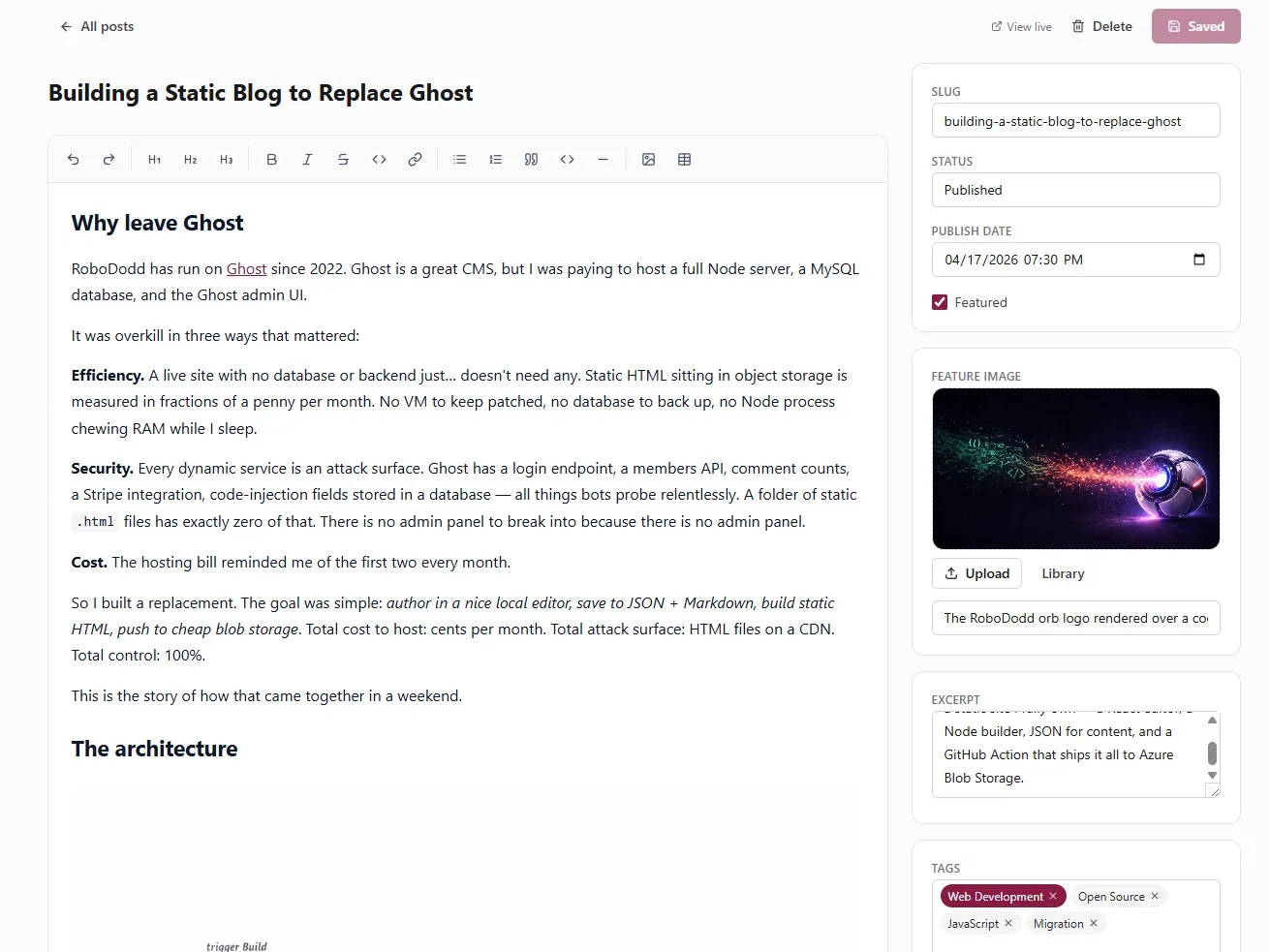 Editing this very post: Markdown editor on the left, metadata sidebar on the right
