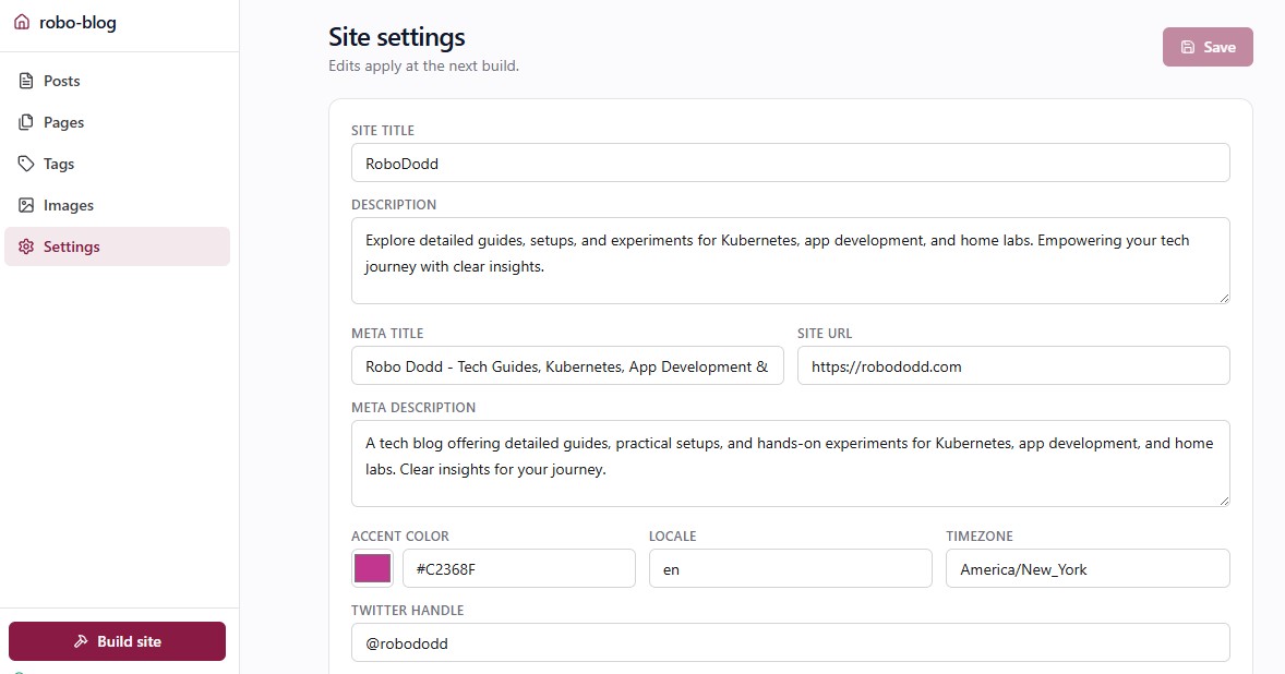 Site settings — title, description, accent color picker, locale, timezone