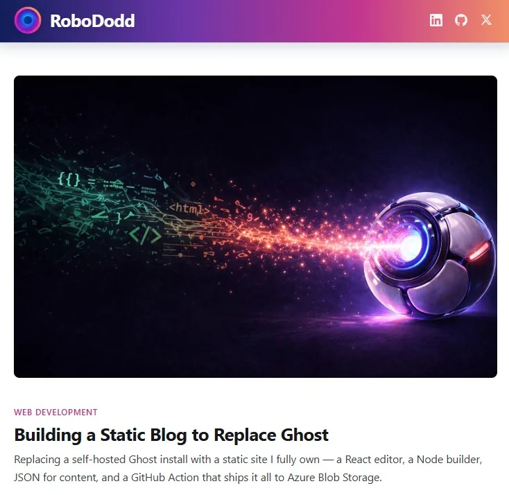 Gradient top bar with the orb logo and social icons, above the featured post card