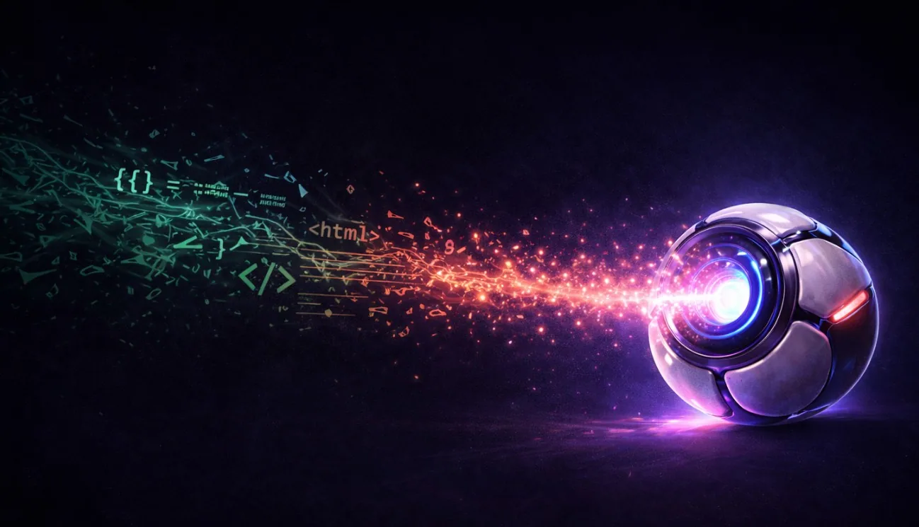 RoboDodd orb logo dispersing into a stream of glowing code particles
