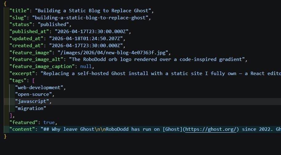 A single imported post as a JSON file: metadata at the top, Markdown body below