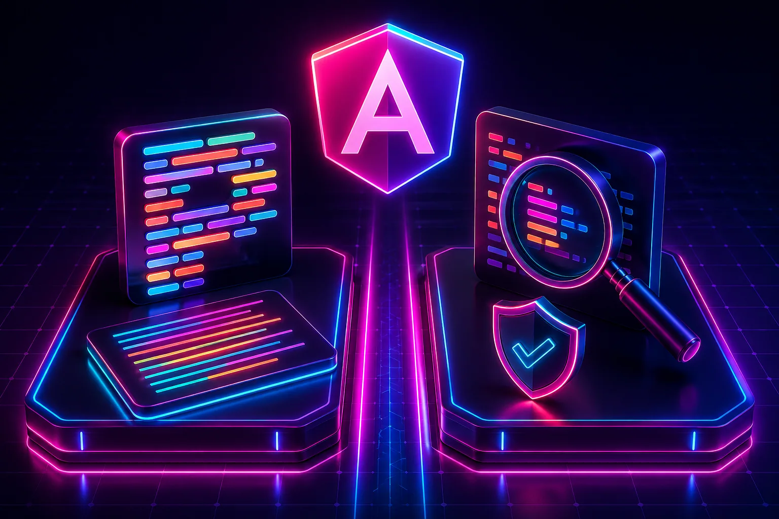 Neon isometric scene with the Angular shield and Prettier logos on two separate glowing platforms, representing Prettier and ESLint as separate tools