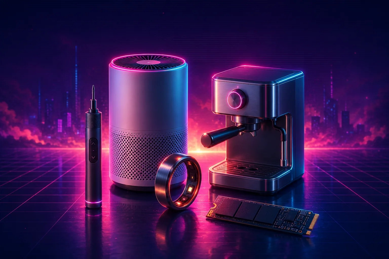 Synthwave neon tech haul: electric screwdriver, air purifier, smart ring, espresso machine, and NVMe SSD