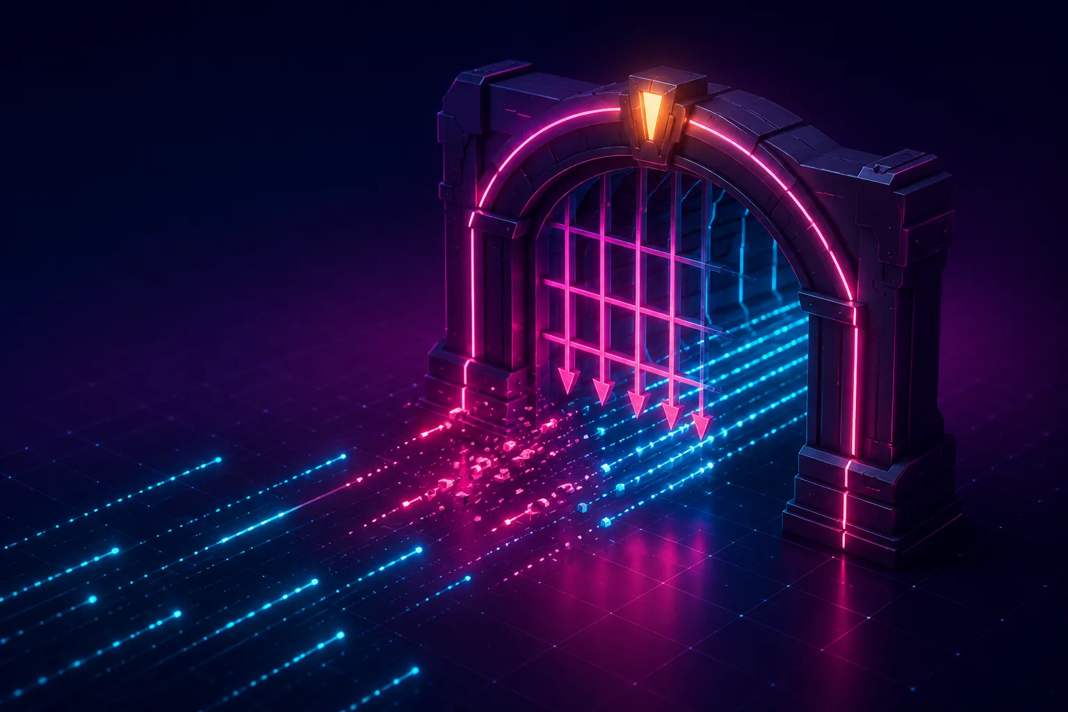 Neon isometric gate guarding the mouth of a dark data tunnel, in magenta and cyan