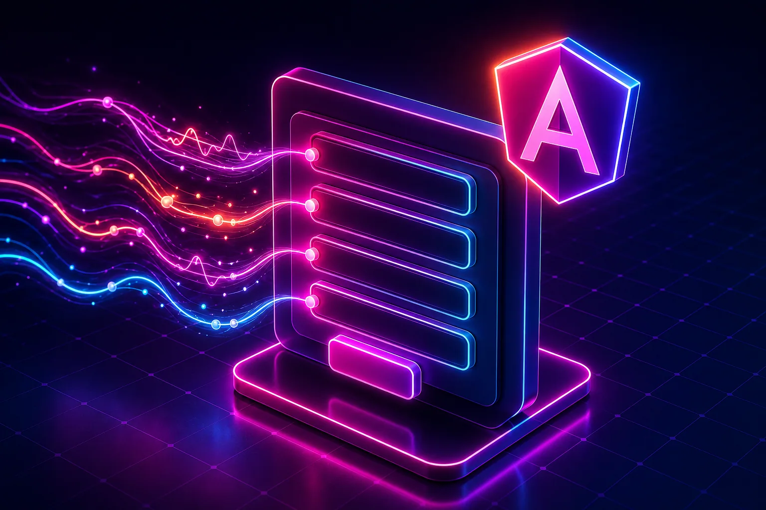 Neon isometric Angular form panel with glowing signal streams flowing into its input fields, with the Angular shield logo, representing signal-based forms