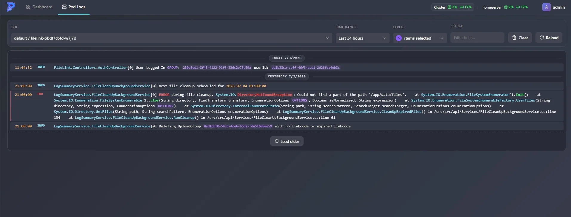 Portside pod log viewer: color-coded levels, day dividers, a 24-hour time-range filter, highlighted stack traces, and a Load older button
