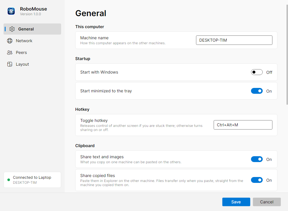 The RoboMouse settings window
