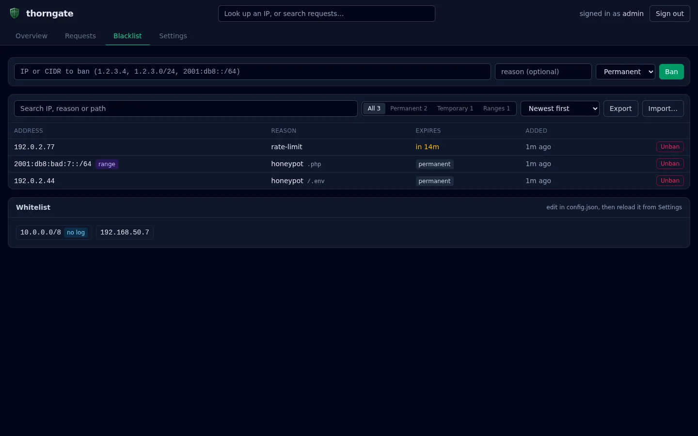 Thorngate Blacklist tab with a temp-ban countdown, a range ban, filters, export and import buttons and the whitelist
