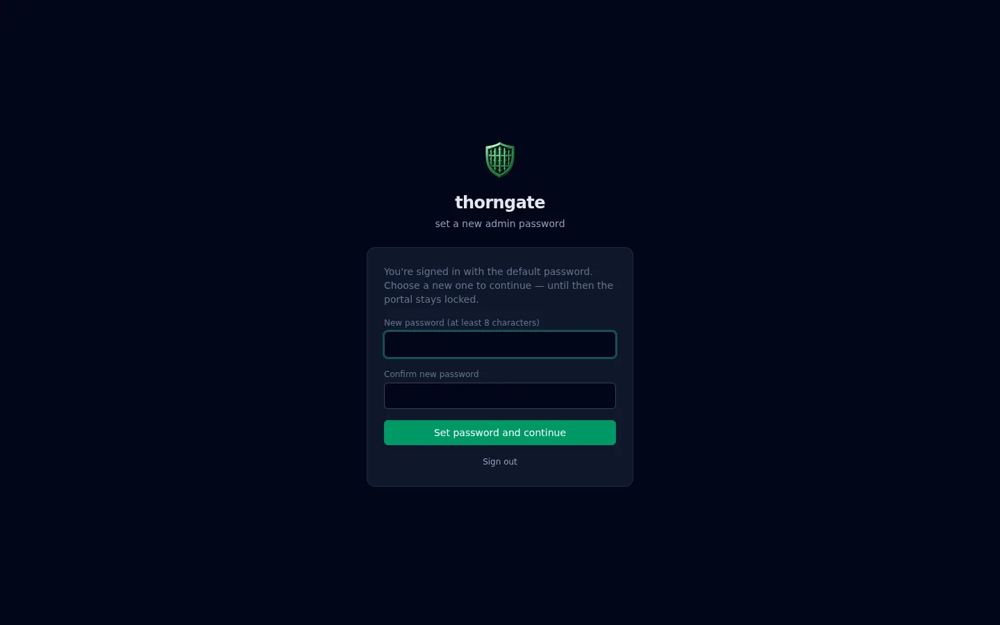 Thorngate first sign-in screen requiring a new admin password