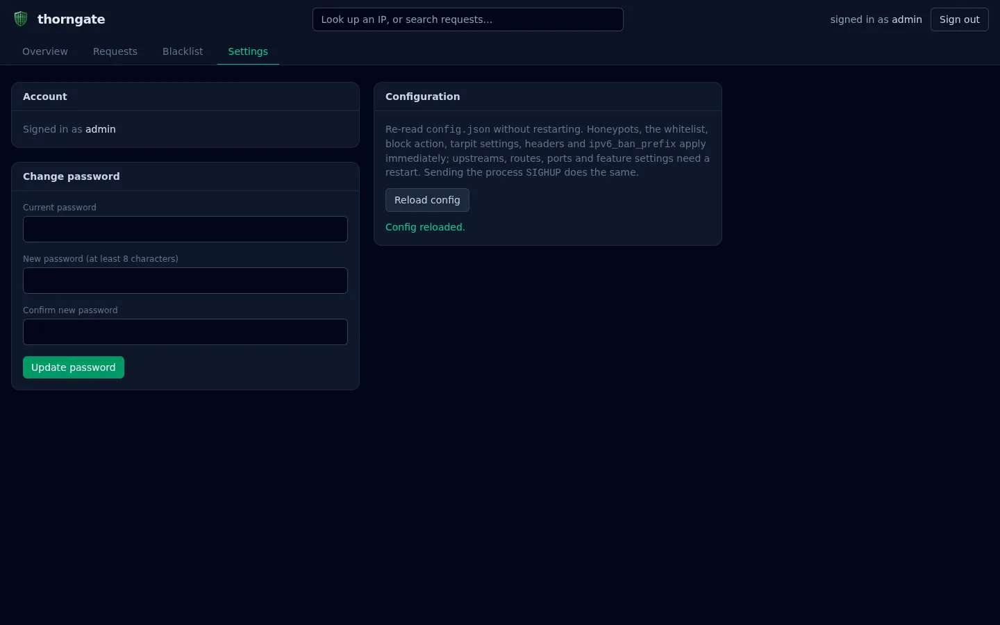 Thorngate Settings tab with password change and a Reload config button