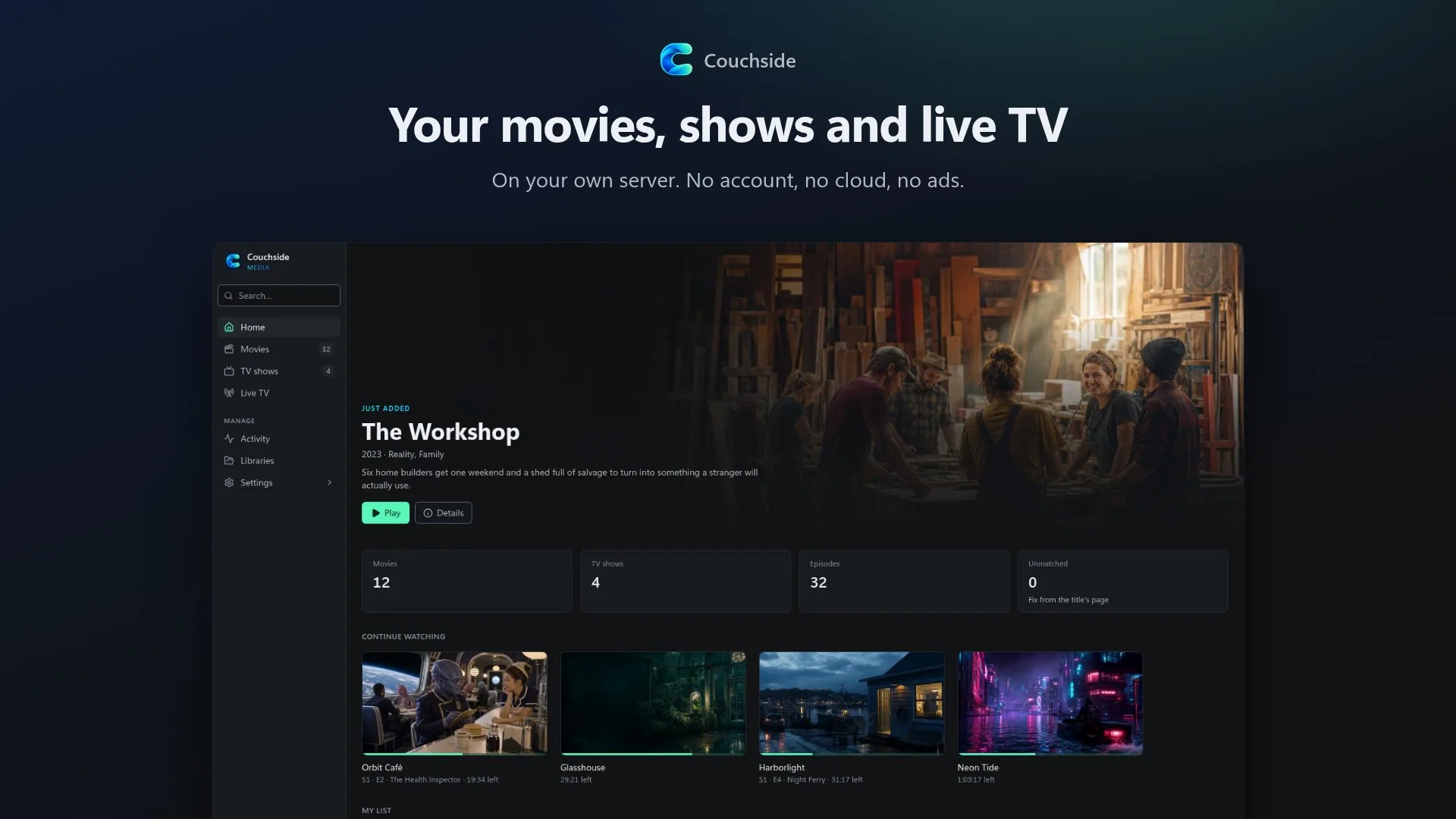 Couchside: your movies, shows and live TV, on your own server, above a screenshot of the home page