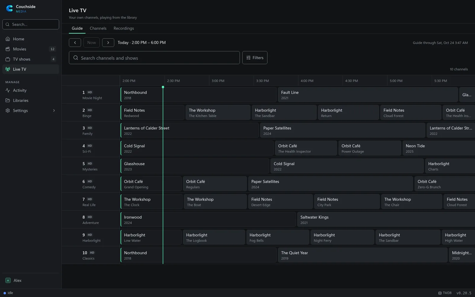 The live TV guide, with channels made from the library