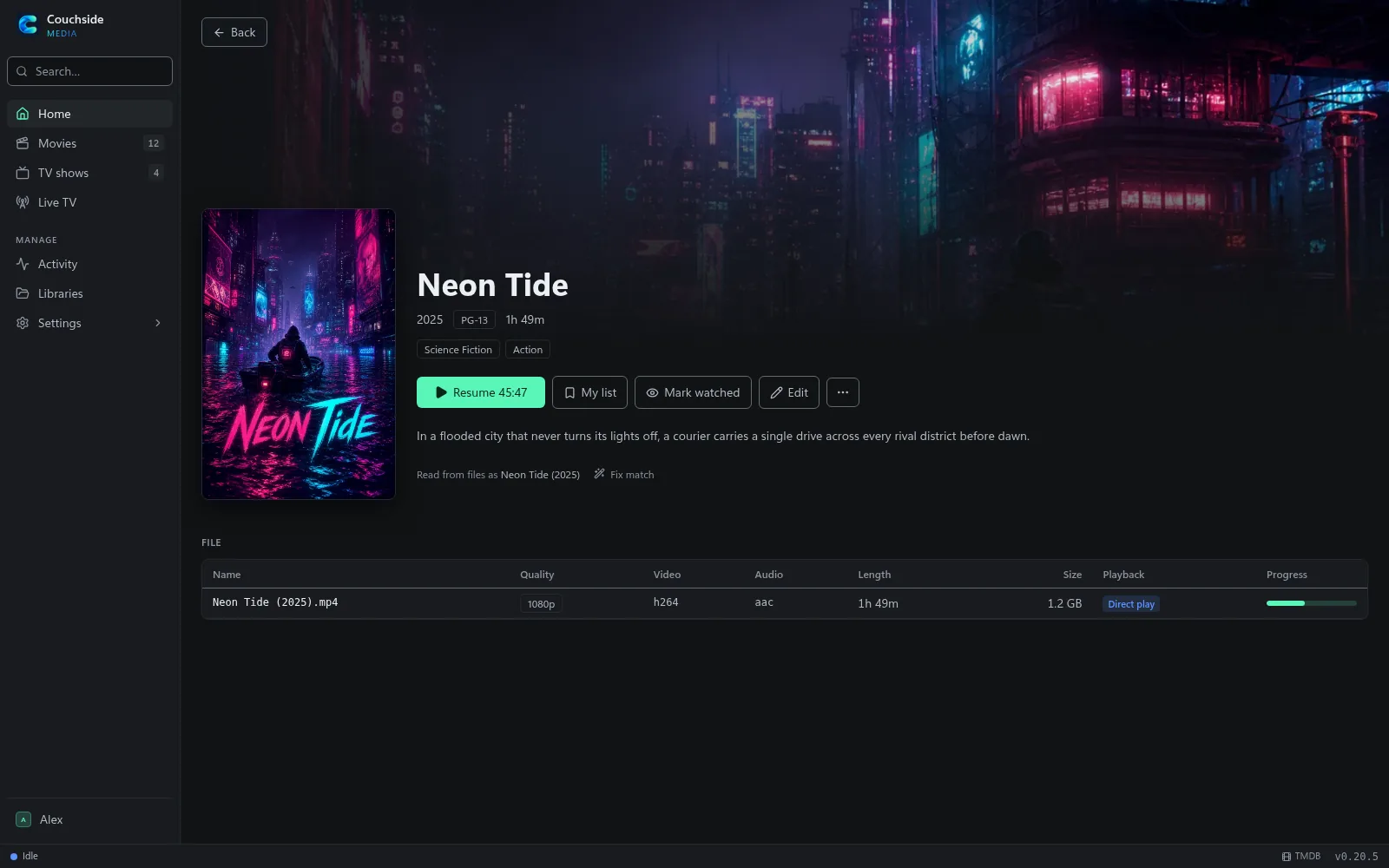 A movie's page with its poster, details, where you left off and the file behind it